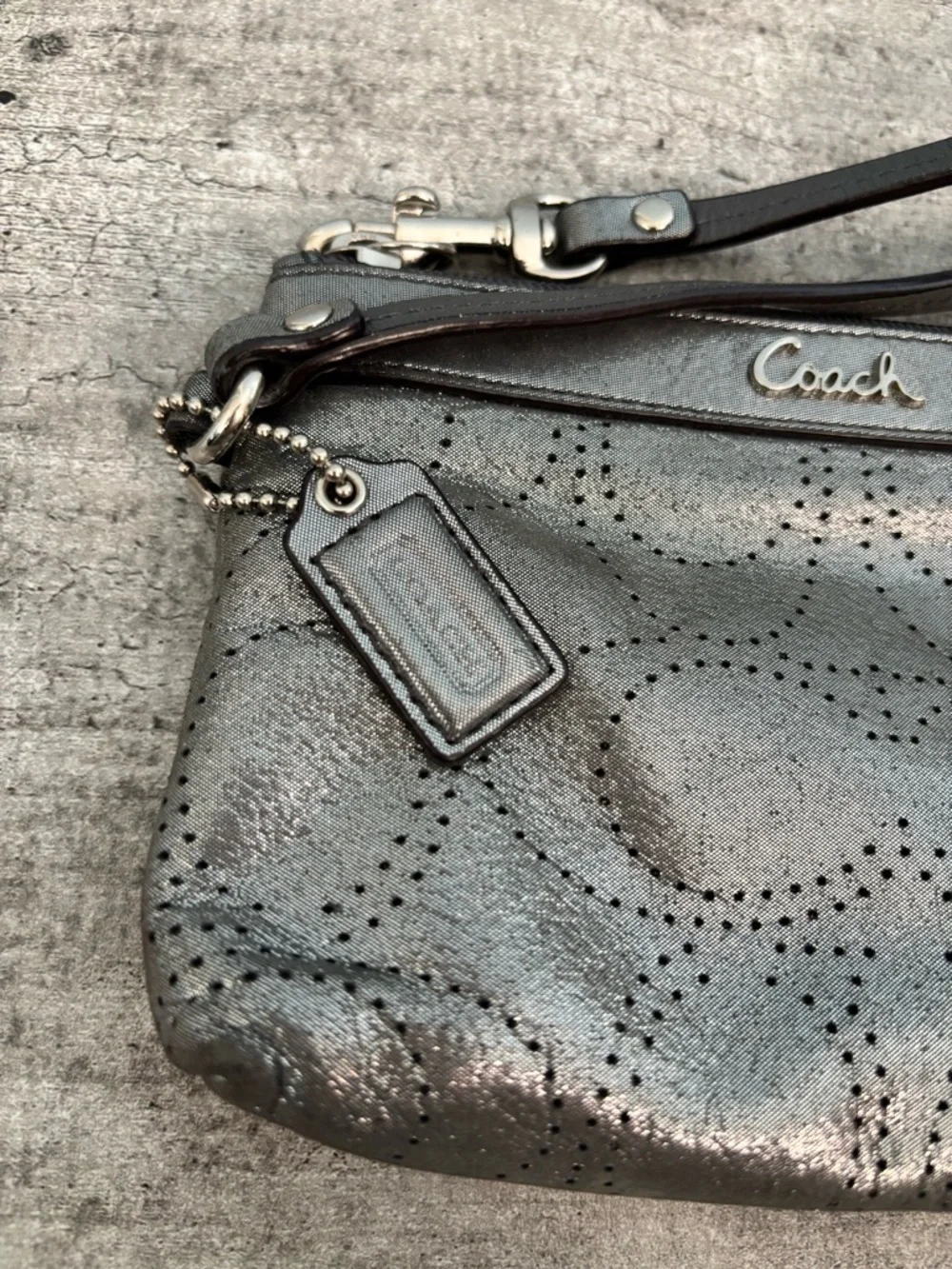 Coach Silver Sparkly Perforated Signature Wristlet Purse Wallet With Coach Tag
